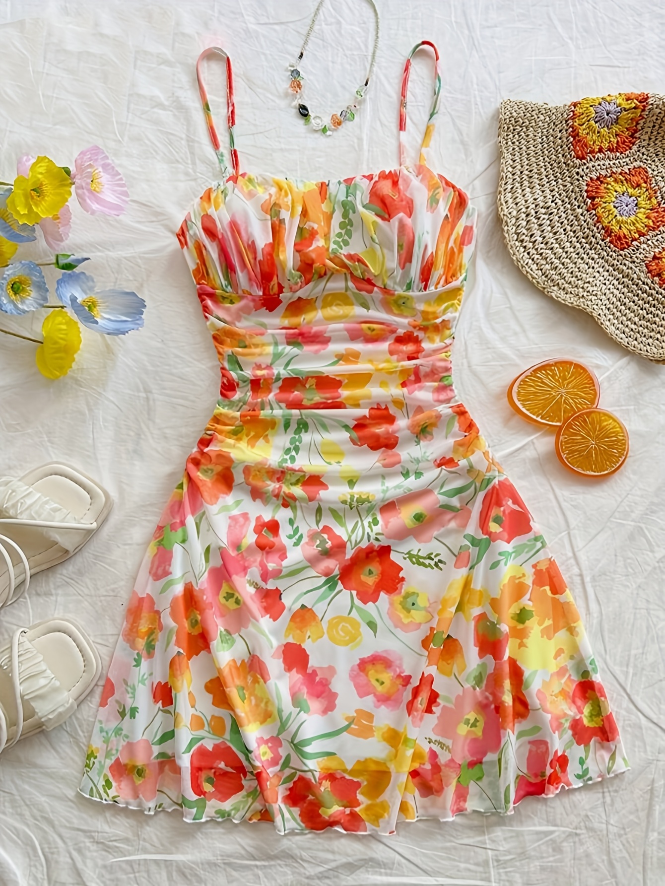 [*] Elegante vestido de flores con hombros descubiertos para mujer Diseño  verano con cintura ajustada, pecho fruncido, impresión floral