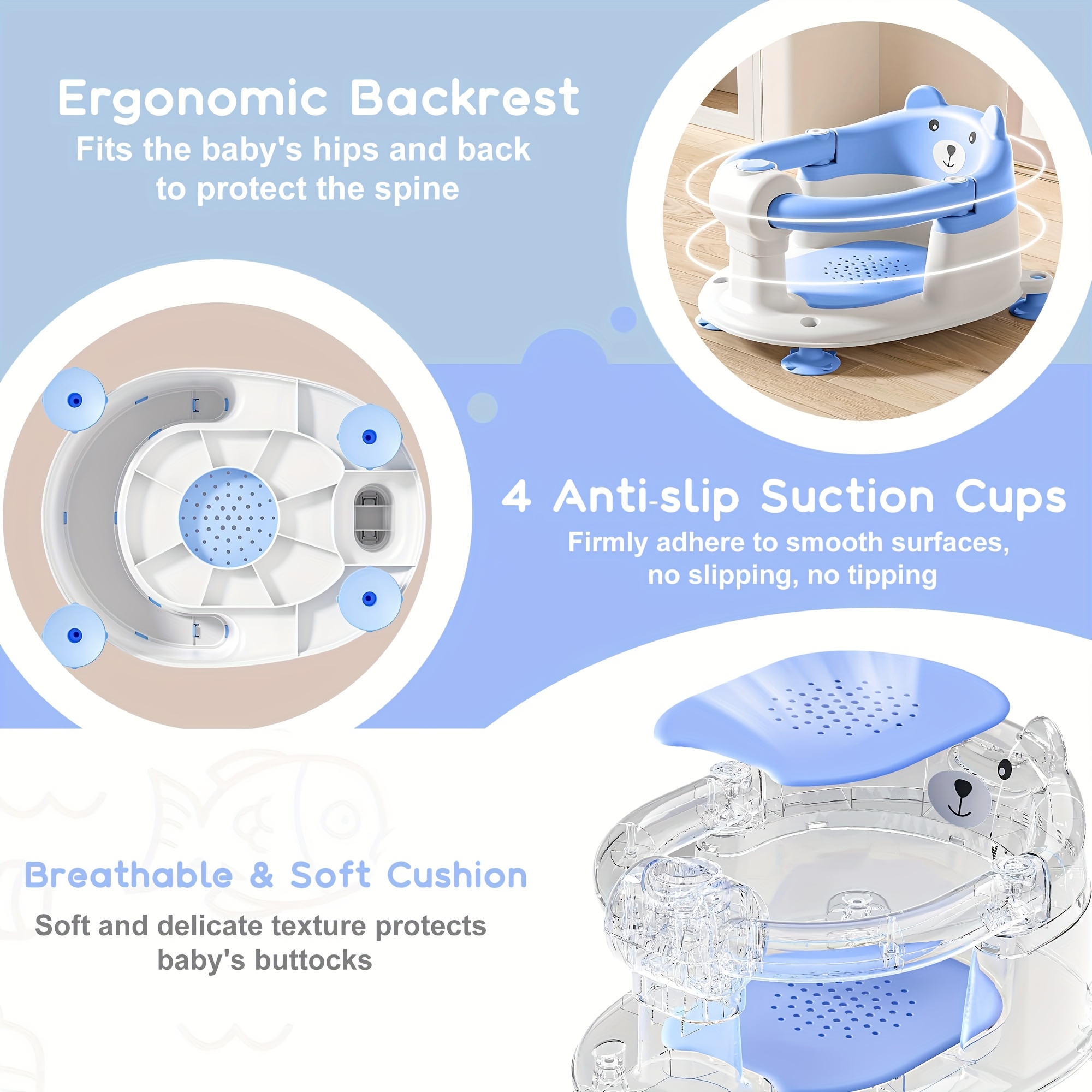 Baby Bath Seat for 6 Months and Up with Non-Slip Suction Cups and Soft Cushion, Toddler Bath Support Chair in Multiple Colors