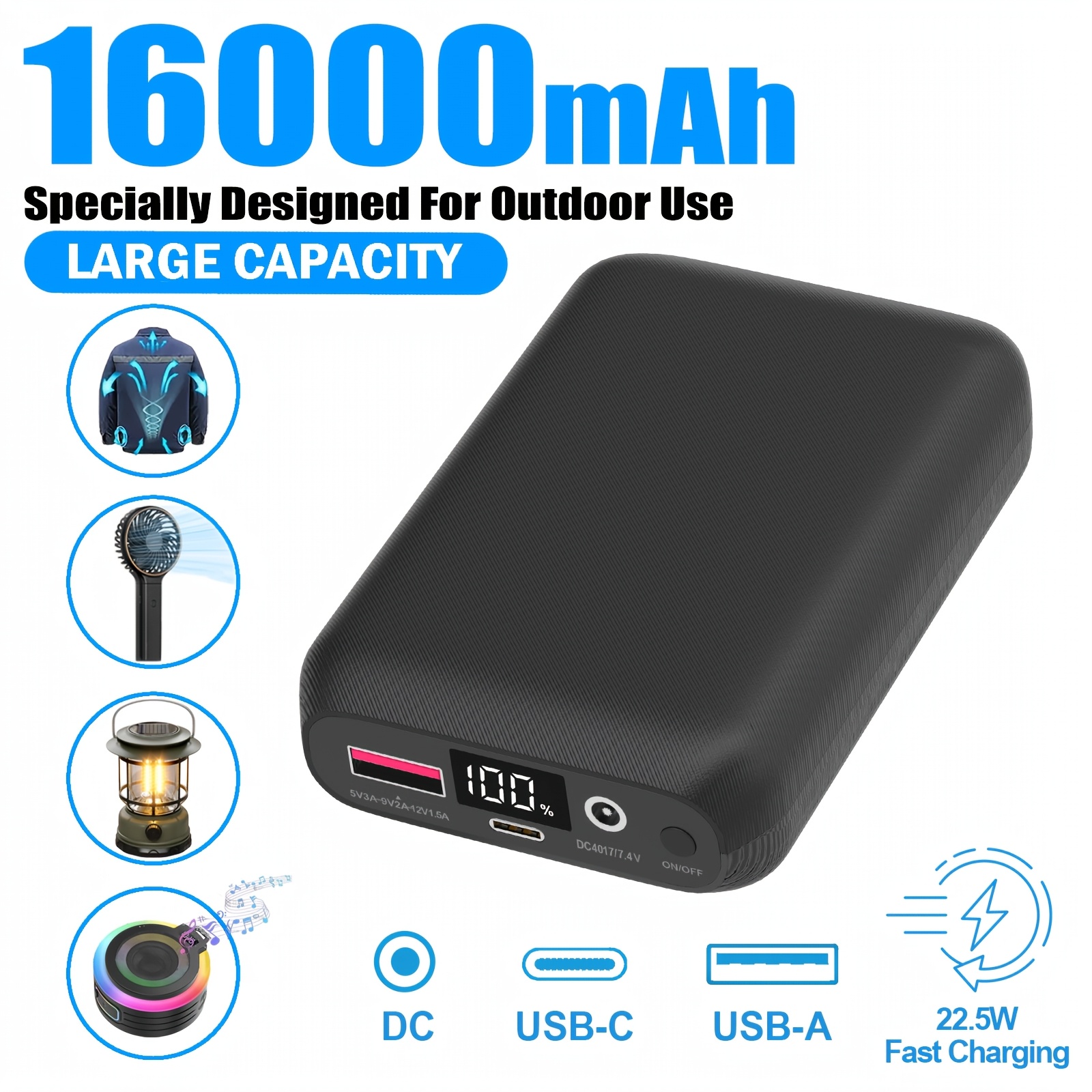 E-shop 16000mAh Powerbank mit großem Speicher, 22,5W Schnelllade-Akku mit LED-Anzeige, externes Backup-Akku-Set für Outdoor-Camping, USB-A/TyPe-C/