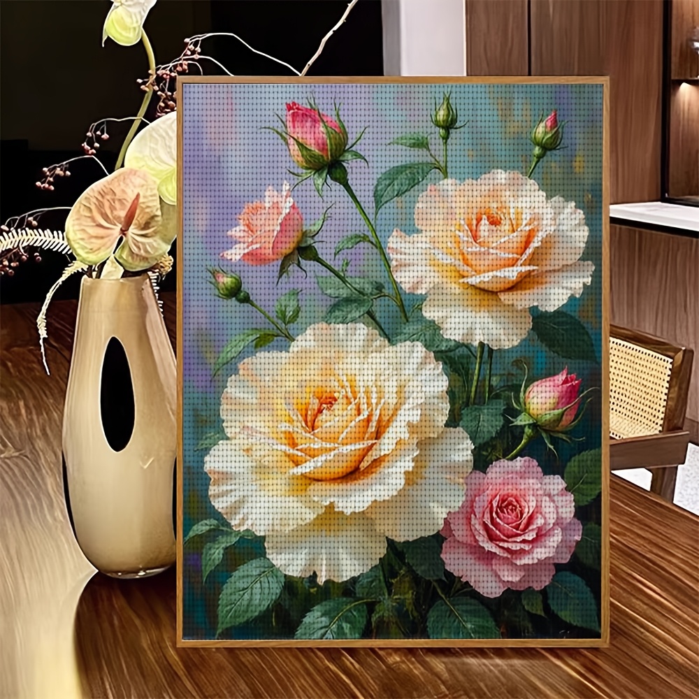 Frameless Cross-Stitch Kit 'Pink Rose and Green Leaves' Design