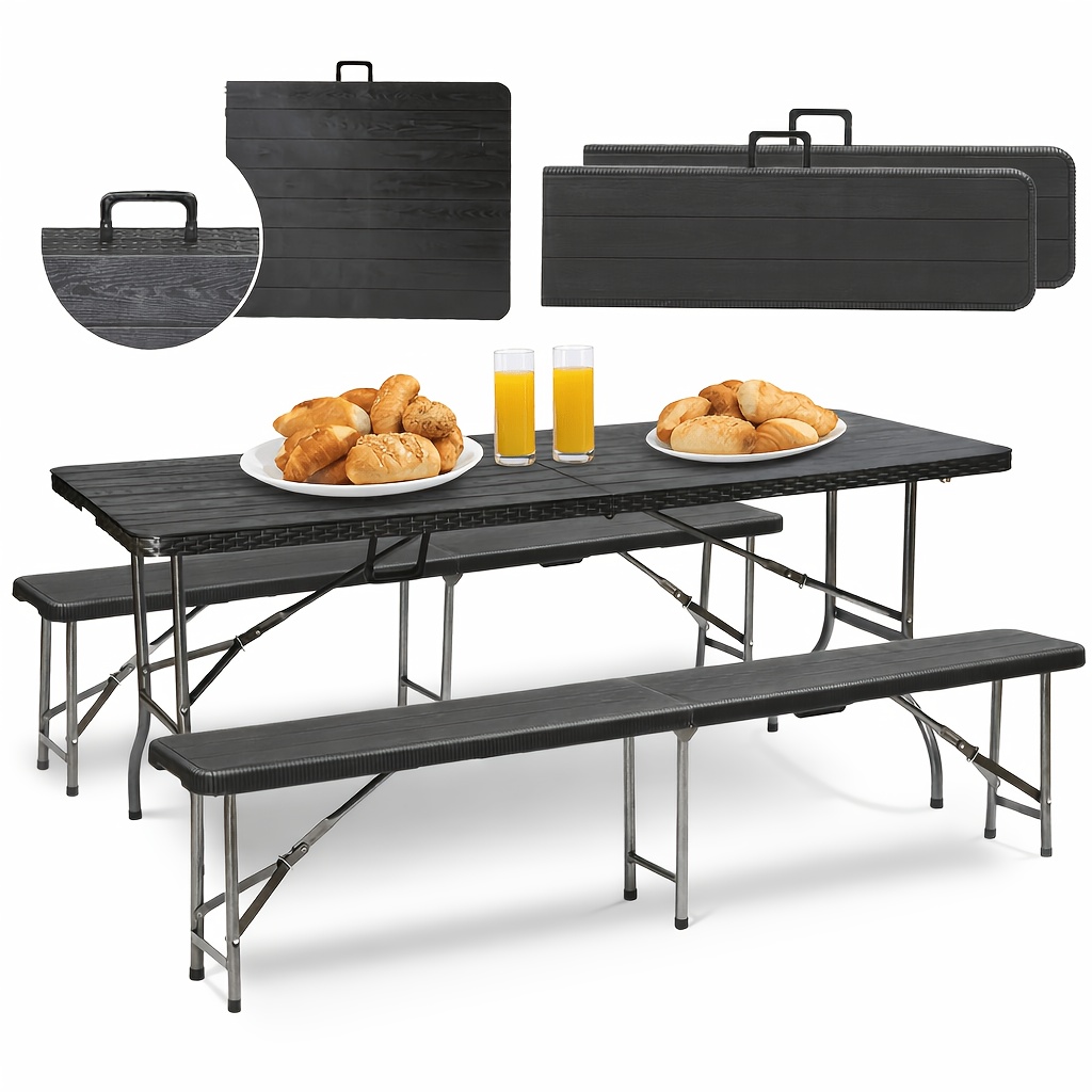 Image of 150/180 Cm Folding Beer Tent Set, Camping Table Set, 2 X Beer Benches And 1 X Beer Table, 3pcs Beer Table Set, Garden Furniture Set, Wood Grain