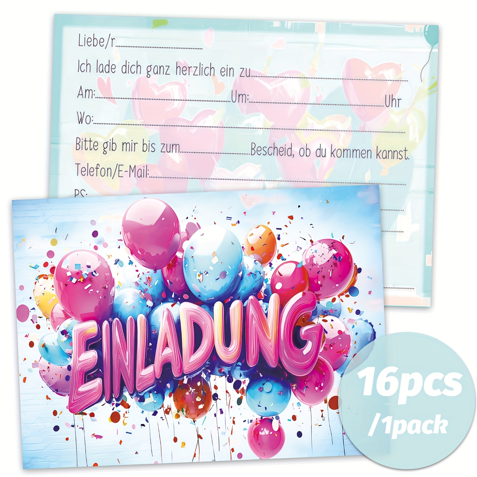 E-shop 16-teilige bunte Ballon-Graffiti-Einladungskarten – Geburtstags- und Schulveranstaltungsdekoration mit lebendigem Ballondesign, deutsche Felder