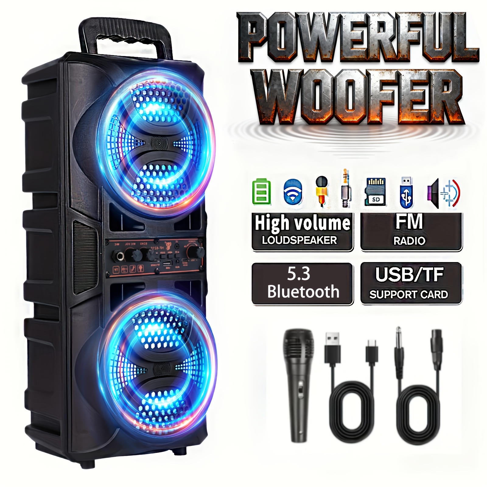 TEMU Portable Bluetooth Speaker With Subwoofer , Dual 6.5" Led Woofers, Tws Rechargeable With Microphone, Usb/sd Card & Fm Radio