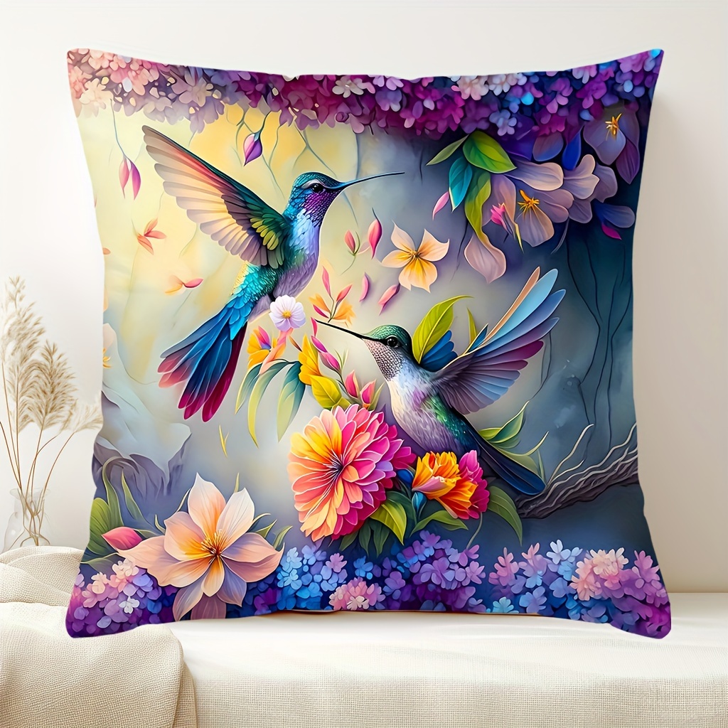 

Contemporary Hand-washable Hummingbird Floral Throw Pillow Cover 17.7" Zippered Polyester Cushion Case For Various Room Décor - 1pc