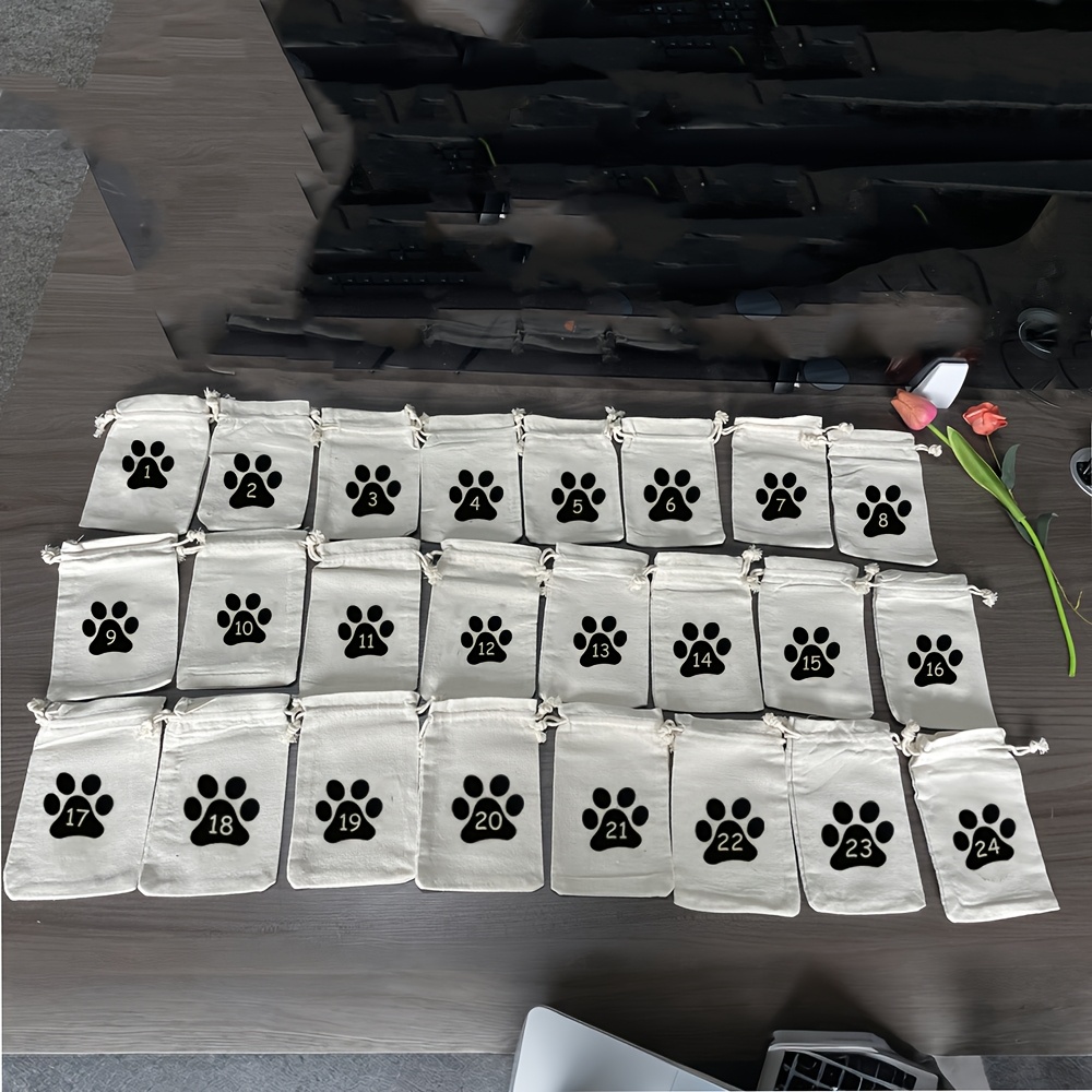 TEMU Number 1 To 24 Paw Print Christmas Countdown Advent Calendar Gift Bags Merry Xmas Eve Holiday Stocking Wall Home Fireplace Mantle Decoration