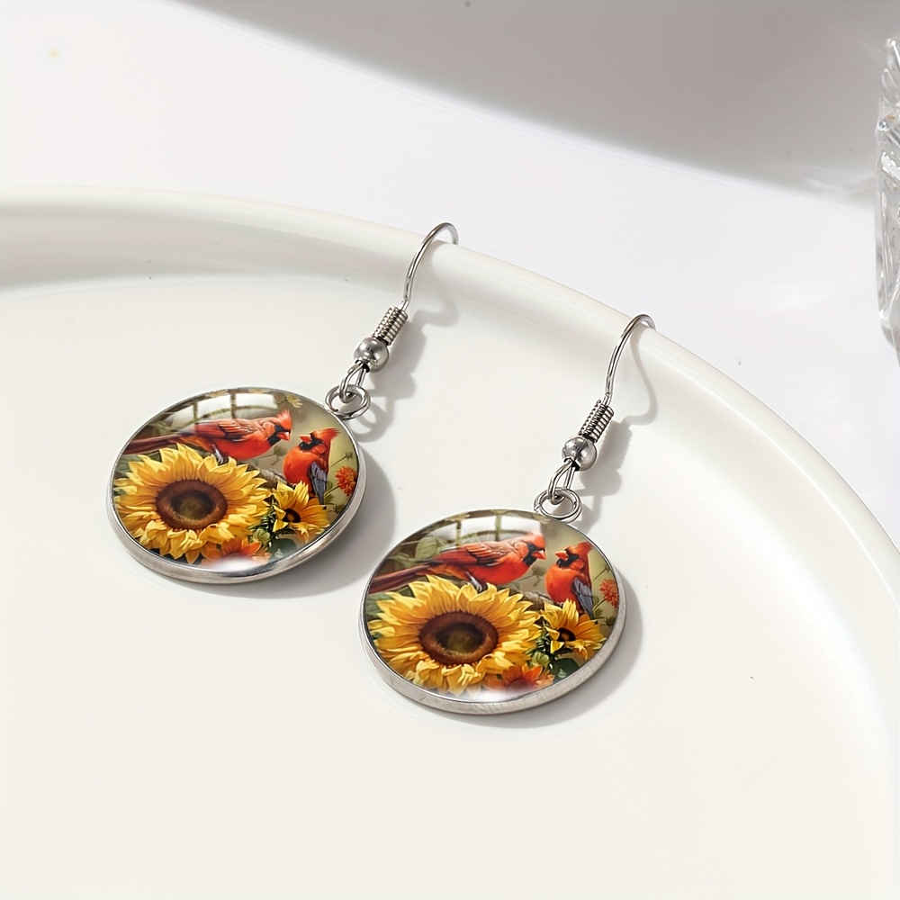 Sunflower And Red-Billed Bird Glass Dome Dangle Earrings