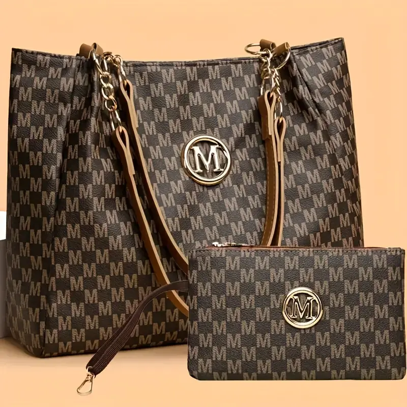 2pcs womens vintage shoulder bag set large capacity tote bag with fixed shoulder strap synthetic zipper closure polyester lining lightweight random print design daily commuting and carrying cell phones details 3