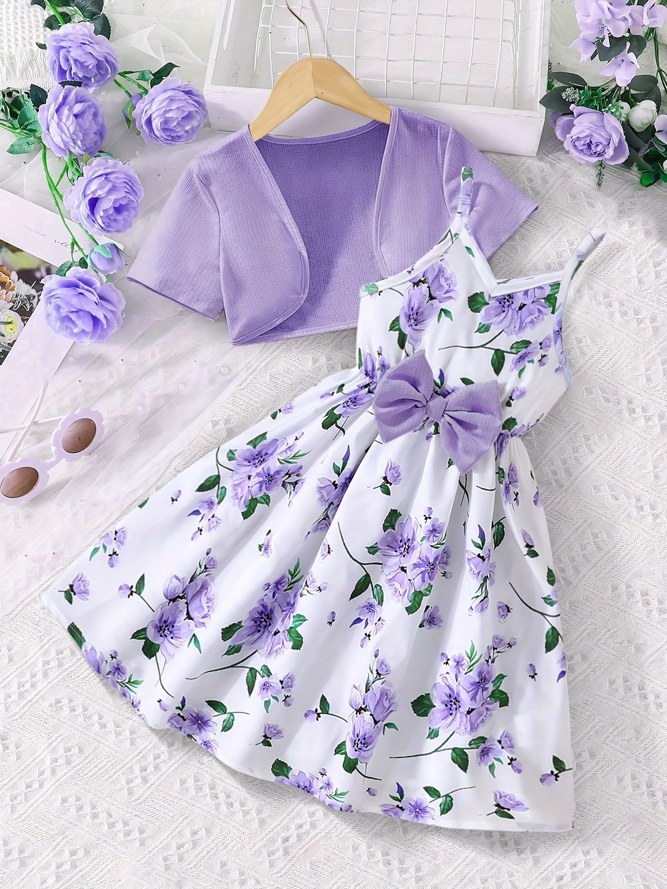 2pcs Spring/Summer Dress Set for Young Girls Stylish Purple Tunic Top  Floral Print Sleeveless Dress with Bow Detail Outdoor Activities, Casual 