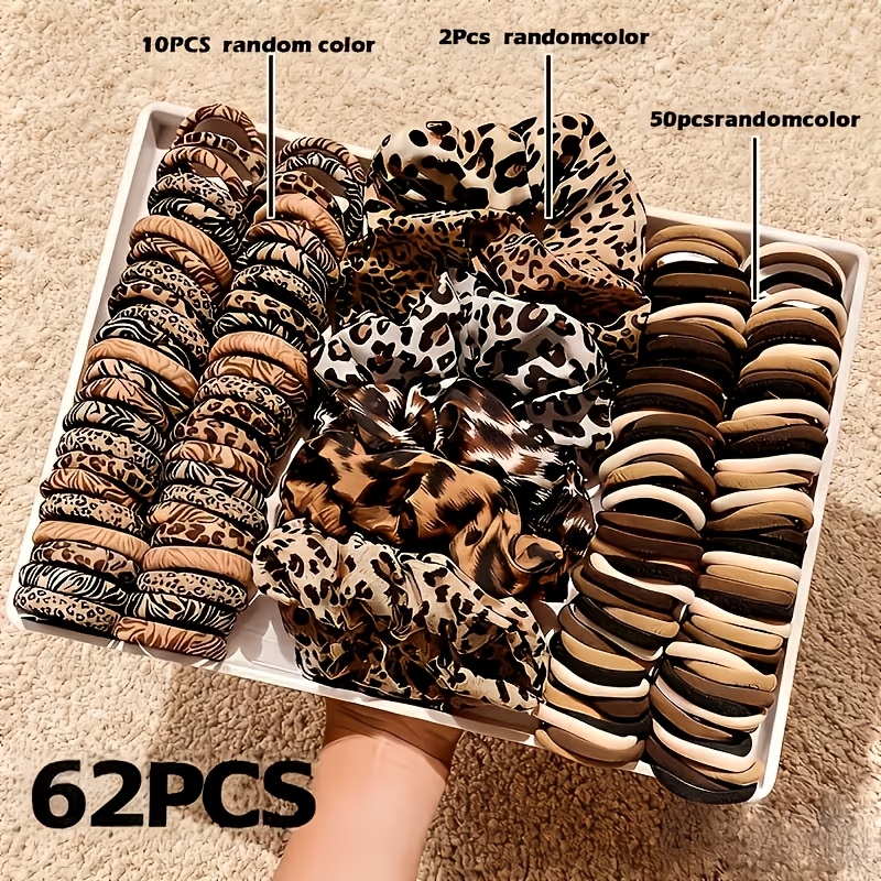 TEMU 62pcs Leopard Print Hair Accessories Set, Vintage Hair Ties, Includes Leopard Print Scrunchies And Striped Towel Hair Ties, Suitable For