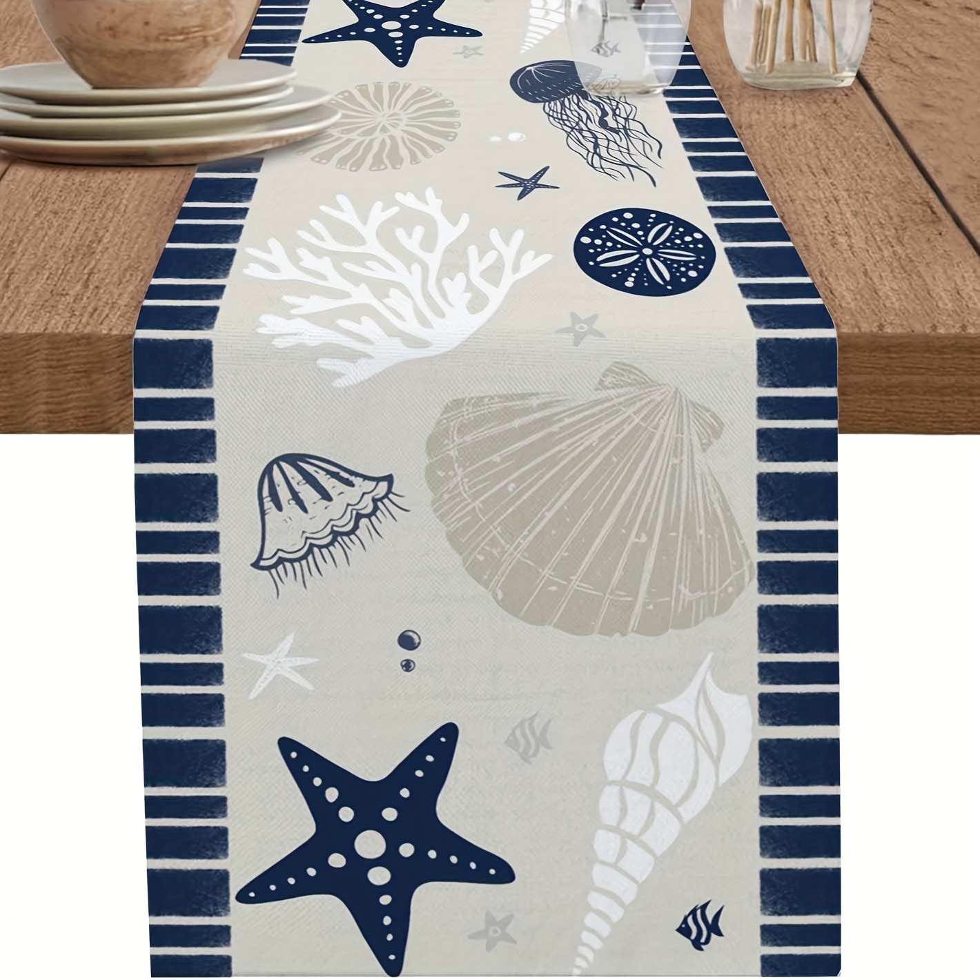 Image of 1pc Linen Navy Blue And Brown Starfish Seashell Jellyfish Table Runner For Kitchen Dining Party Home Decor Dresser Scarf Tabletop Decoration, 13x48/13x72/13x108 Inch