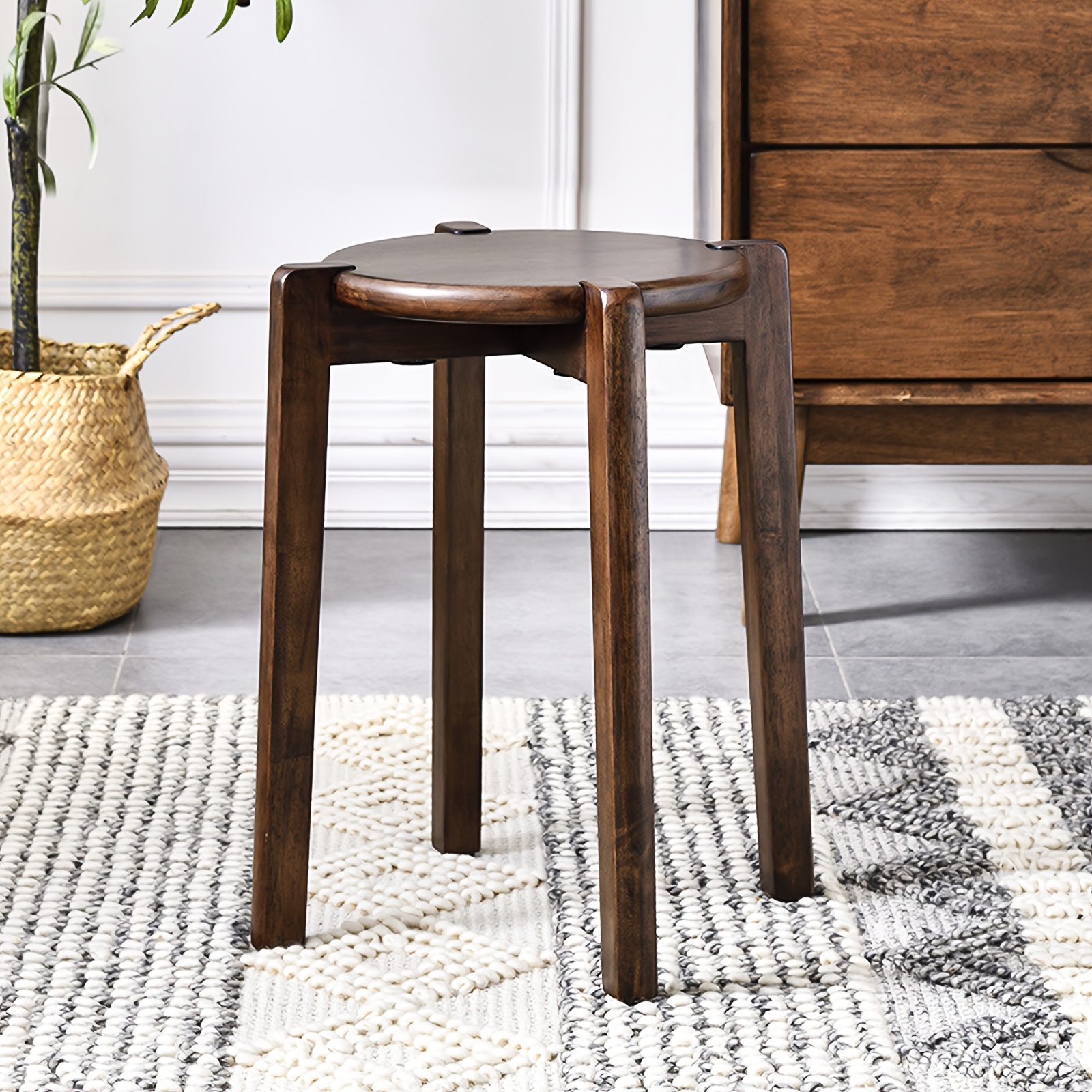 

Vintage 18-inch Round Rubber Wood Stool - Stackable, Backless Design For Dining, Living Room, Or Garden