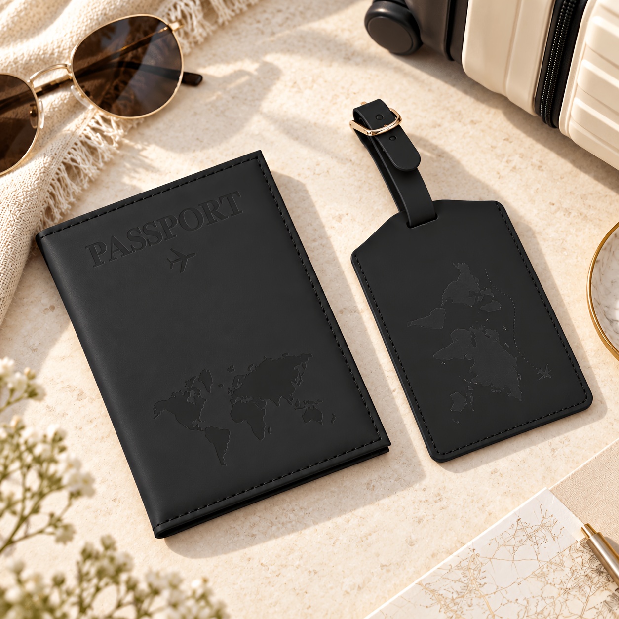 TEMU 2pcs Set [world Map Pattern Passport Holder And Luggage Tag] Set, Passport Holder, Luggage Tag, Map Travel Set, Couple Fashion Passport Bag,