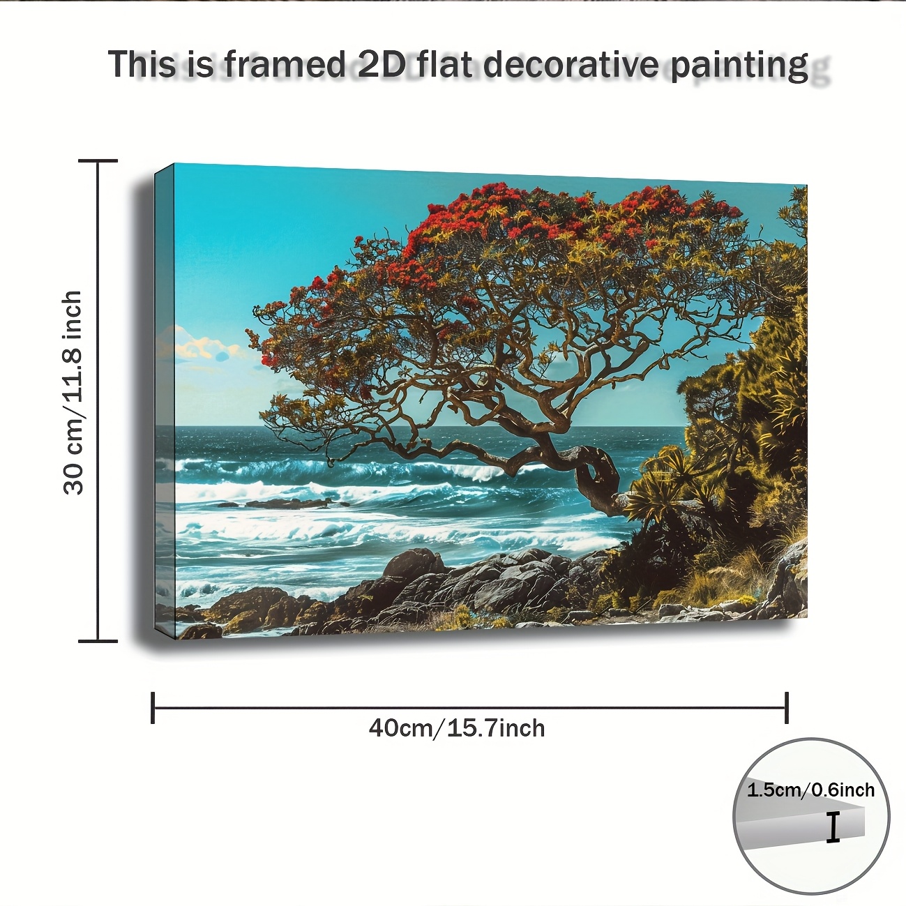 TEMU 1pc 2d Flat Frame Canvas Painting - Vibrant Tree With Red Flowers By Ocean, New Zealand Landscape, Ideal For Bedroom, Living Room, Decor,