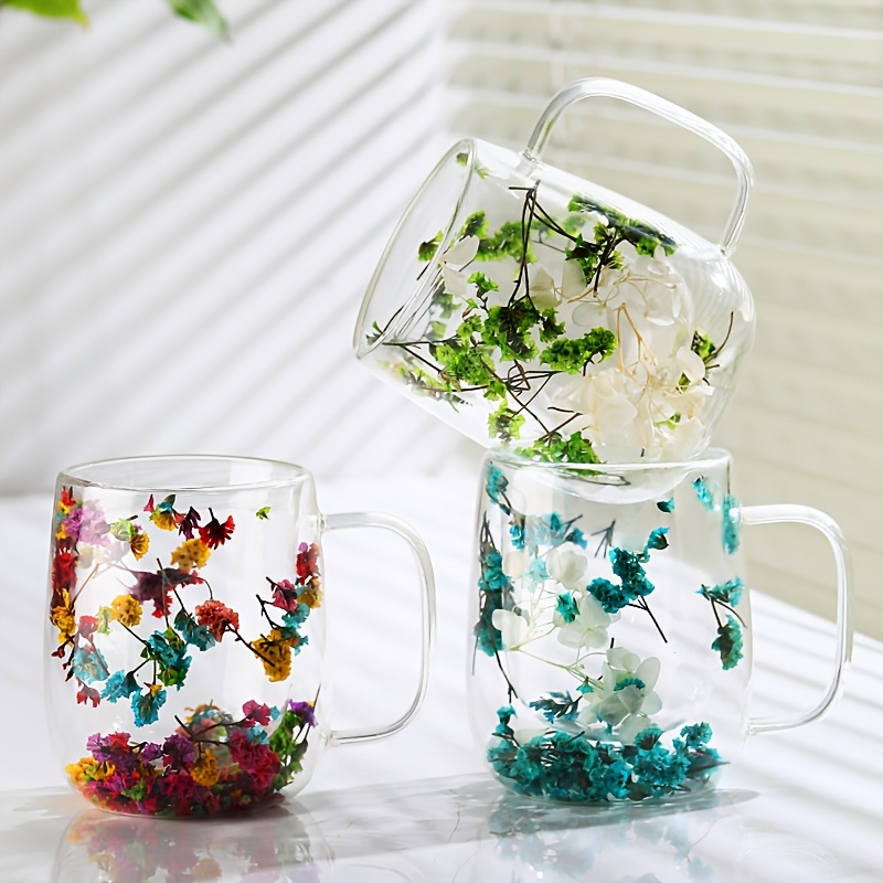 

1pc Double-walled Glass Mug With Real Dried Flowers - High Borosilicate, - Ideal For Home, Office, Or Bar Use