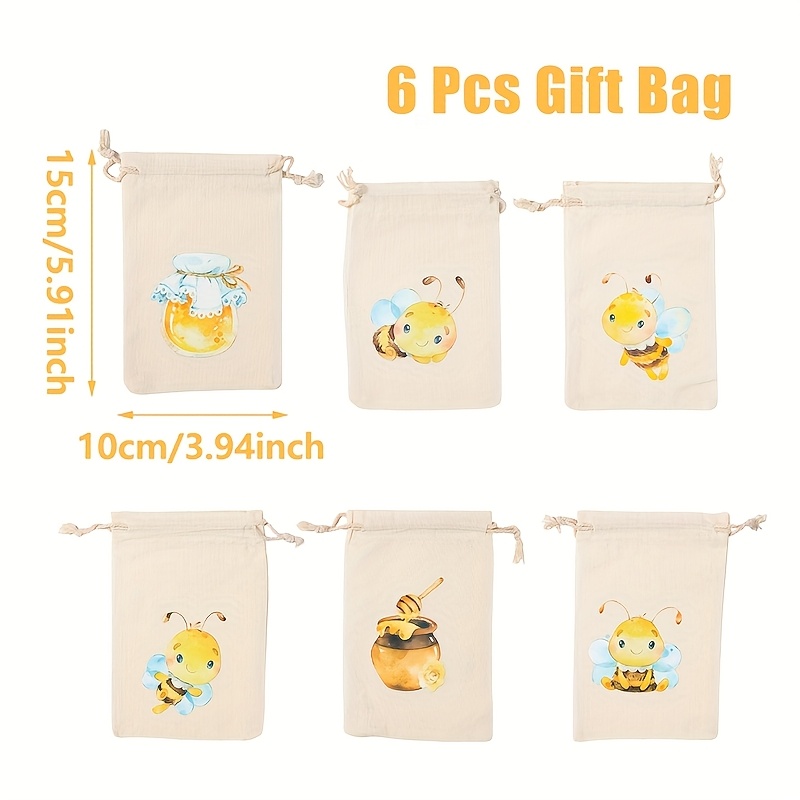 Image of Gift For Her/him 6pcs Bee Drawstring Bags, Cotton, Vibrant Cute Bee Designs For Baby Showers And Birthday Parties, Perfect For Guests, Shower Decor, Colorful Handles, Harvest Theme Decorations