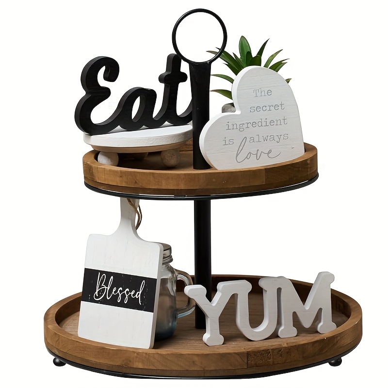 TEMU 4pcs Layered Tray Decoration For Farmhouse Kitchen, Black And White Countertop Decoration For Kitchen, Double-layer Tray Kitchen Decoration Set For Home Kitchen Dining Table Decoration
