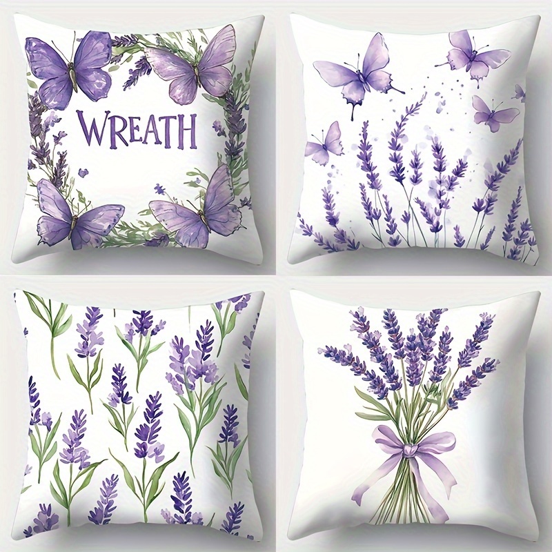 

Jit Contemporary 4-piece Throw Cushion Covers Set - Lavender Floral & Butterfly Print, Soft Polyester, Hand Wash, Zipper Closure, Woven Decorative Pillow Cases For Sofa And Bedroom