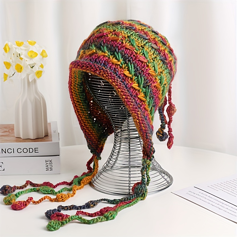 

2024 Coréenne du Chapeau à Pompons de Couleurs Mélangées pour Femmes, Chapeau Baotou Chaud et Coloré, Mode Automne et Hiver, Bonnet Tricoté pour Femmes