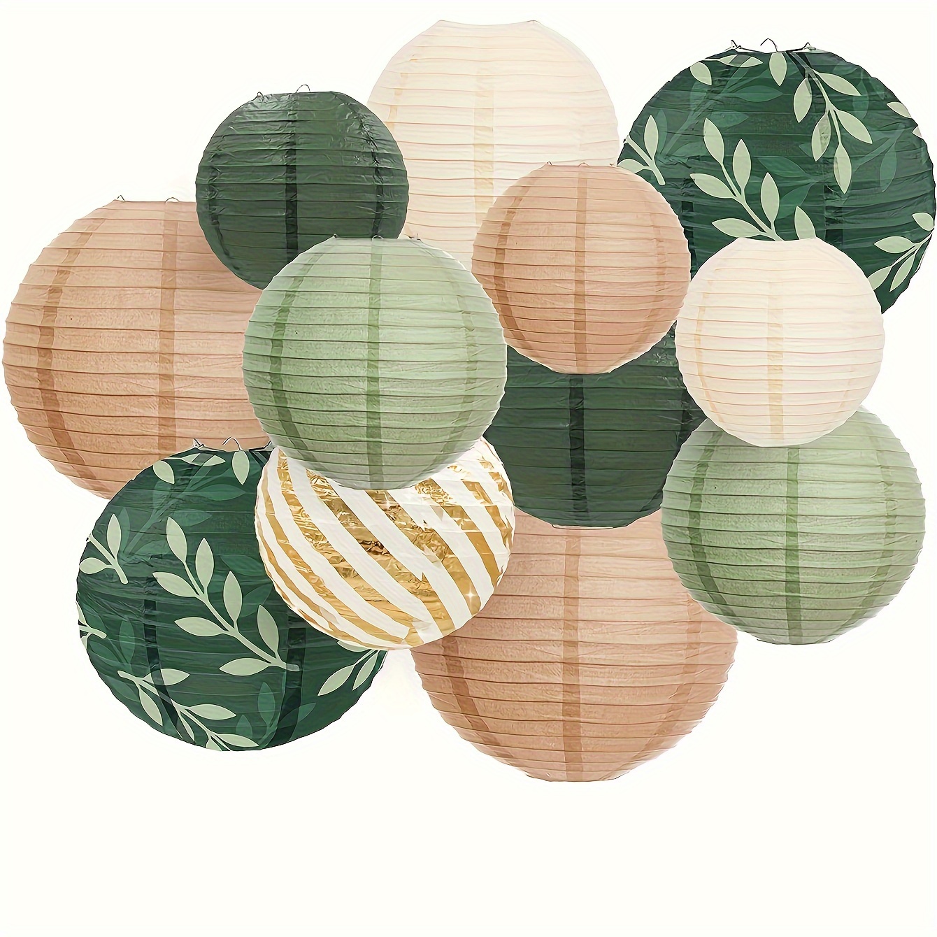 

6-pack Assorted Paper Lantern Set, Decorative Hanging Lanterns With Gold Foil, Brown & Green, Ideal For Wedding, Birthday, Bridal Shower, Rustic Country Decor - Universal Seasonal Outdoor Decoration