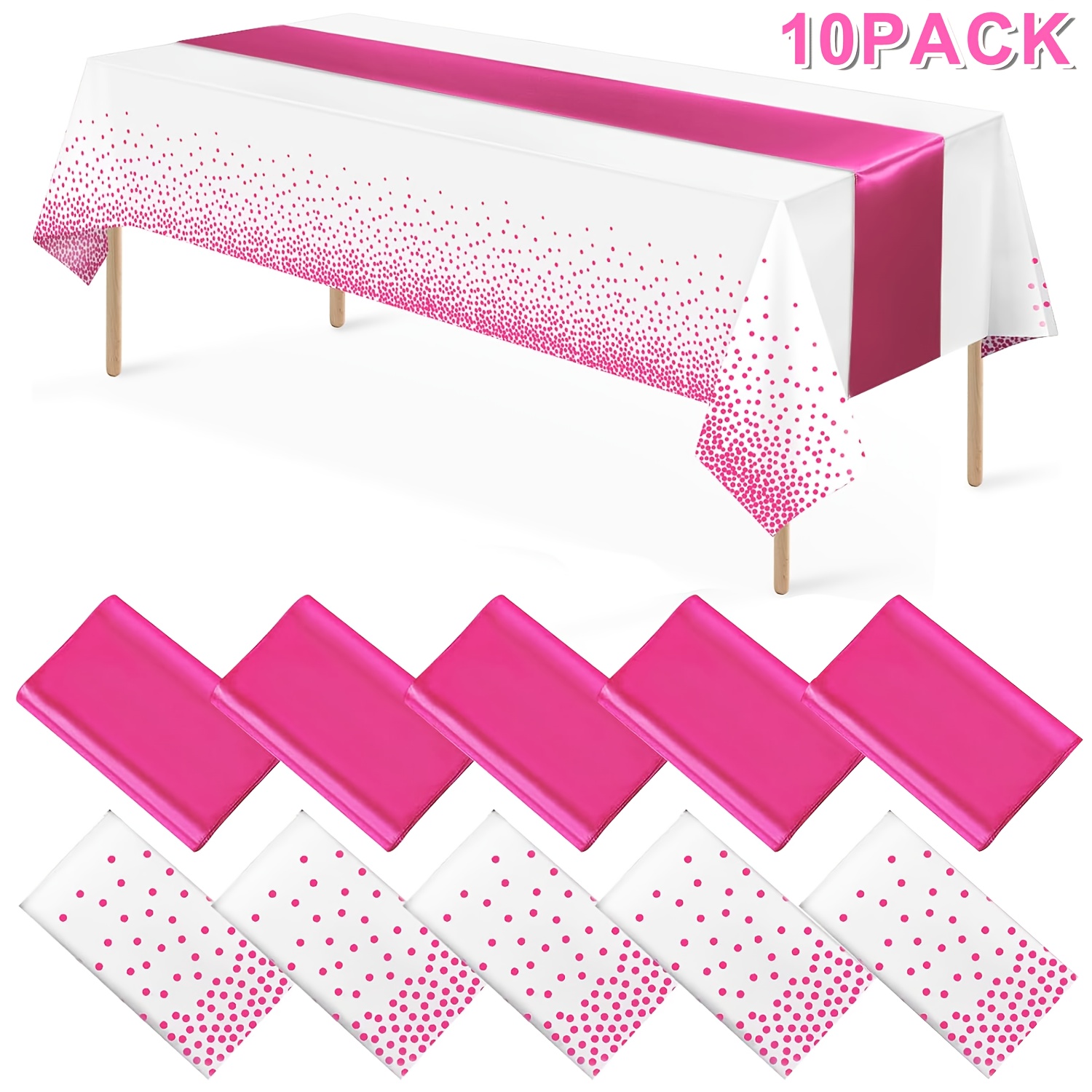 TEMU 10pcs Pack Disposable Plastic Party Tablecloths & Runner - Elegant Polka Dot Table Cover Suitable For Wedding, Birthday, Shower Decorations -