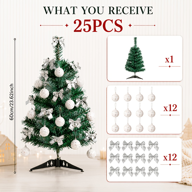 TEMU 60cm Nordic Style Christmas Tree Decoration, Artificial With Silvery Bow And White Snowball Ornaments, 25pcs Holiday Set, Flexible Branches For