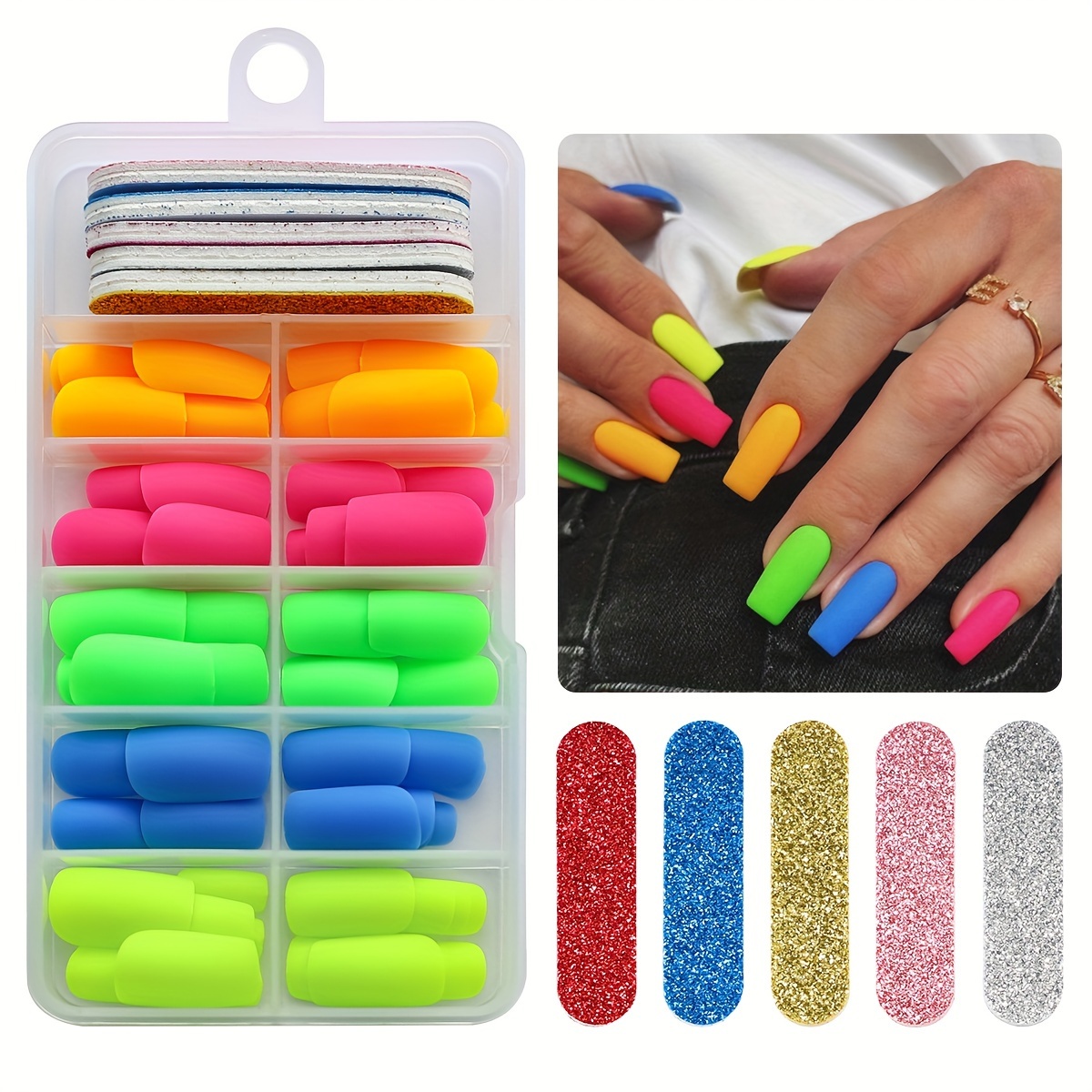 120pcs Multicolor Solid Color Frosted Short Square Wearable Nail Plate Finished Manicure Stickers With File