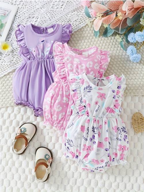 3pcs baby girls cute floral leopard print rompers with collar comfortable casual wear white baby girl clothes outdoor