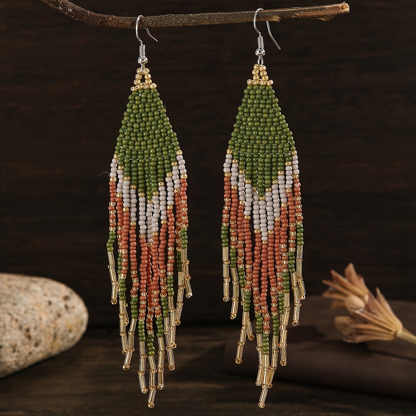 TEMU 1 Paire de Boucles d'Oreilles Tendance pour Femmes avec Perles, Style Bohème Rétro Vert, Perles Charmantes Dégradées, Longues à Gland, Perles de