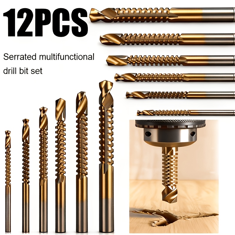 Image of 12pcs Titanium Coated Hss Serrated Drill Bits M3-m8, 3-in-1 Drilling Cutting Slotting Tool With Sharp Side Edges, For Metal Wood Plastic, Woodworking Thin Plate Cutting And Industrial