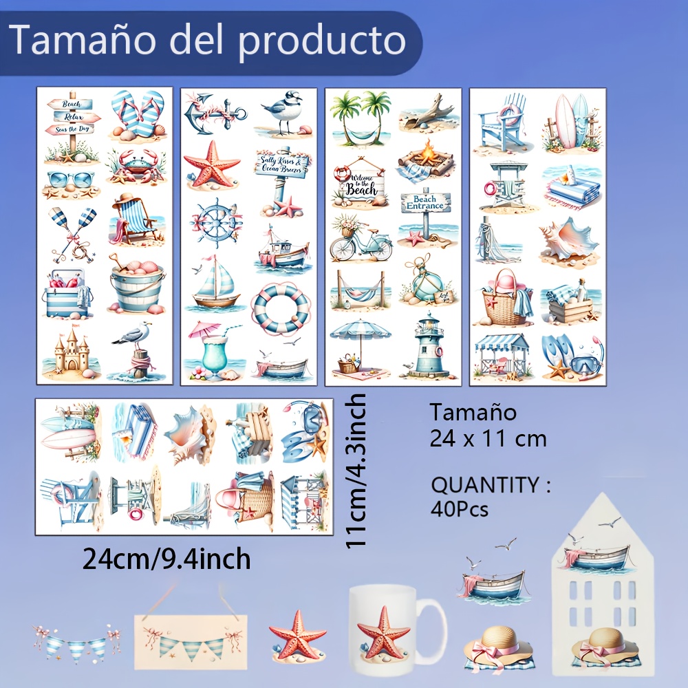 E-shop Set mit 40 UV DTF Cup Wrap Transfer Aufklebern mit Sommer-Motiven, mit Strand, Schifffahrts- und tropischen Urlaubsmotiven, einschließlich