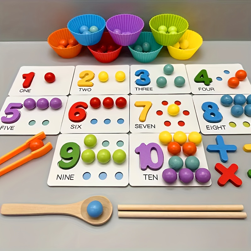 Wooden Arithmetic Bead Game with Tweezers and Cards