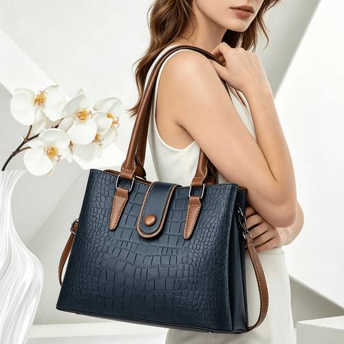 item picture womens shoulder bag vintage crocodile embossed tote bag for women retro color block large capacity commuter shoulder crossbody handbag with detachable strap