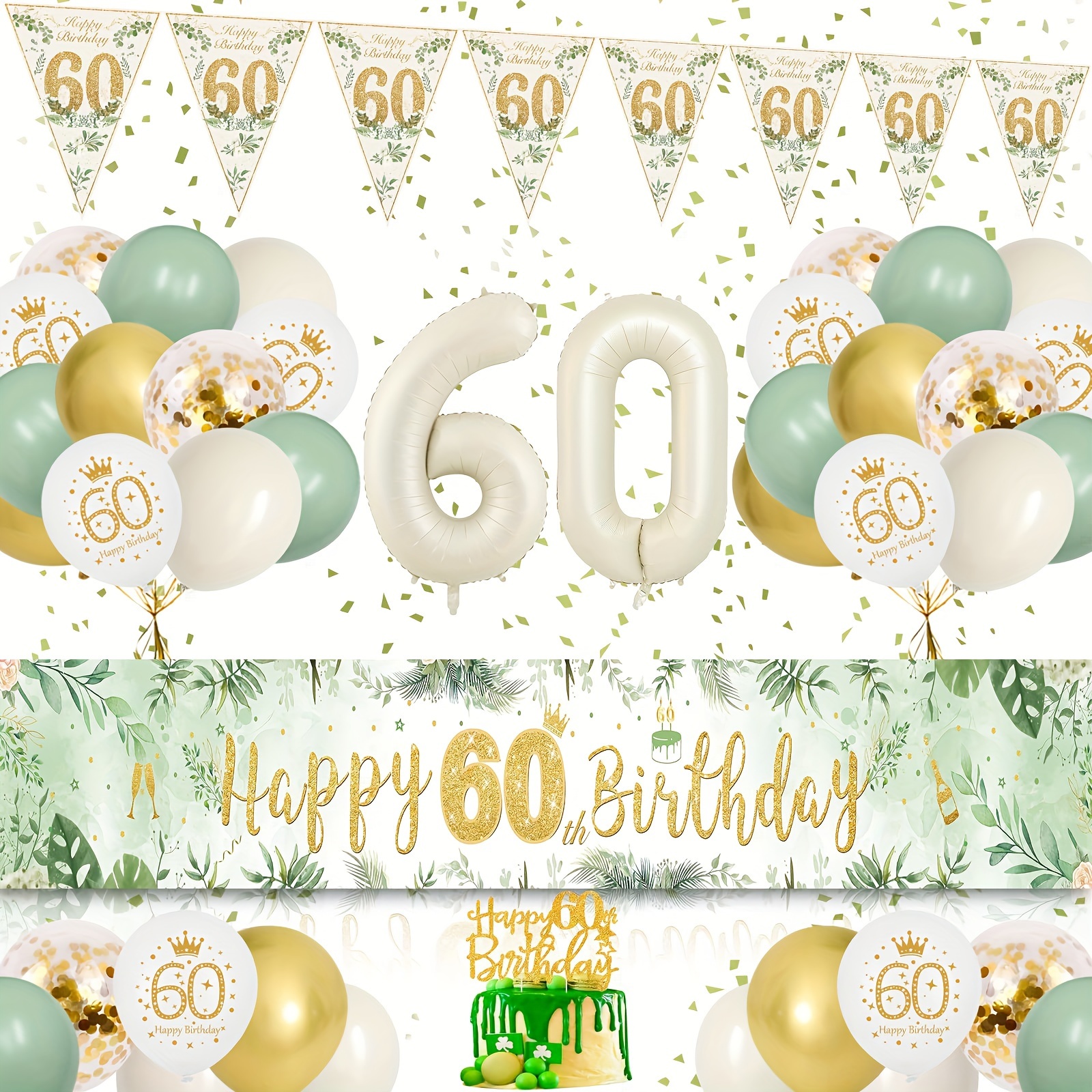 

1set, 60th Birthday Party Green And Golden Balloon Decoration, Including Flags, Banners, Number Balloons 60 And Green And Golden Balloons, Suitable For 60th Birthday Party Balloon Decoration
