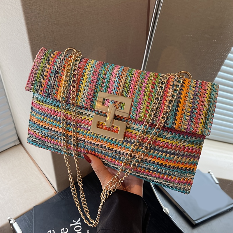 E-shop Neue modische Stoff-Schultertasche für Damen mit goldenem Ketten-Accessoire, großes Fassungsvermögen, mehrere Fächer für organisierte