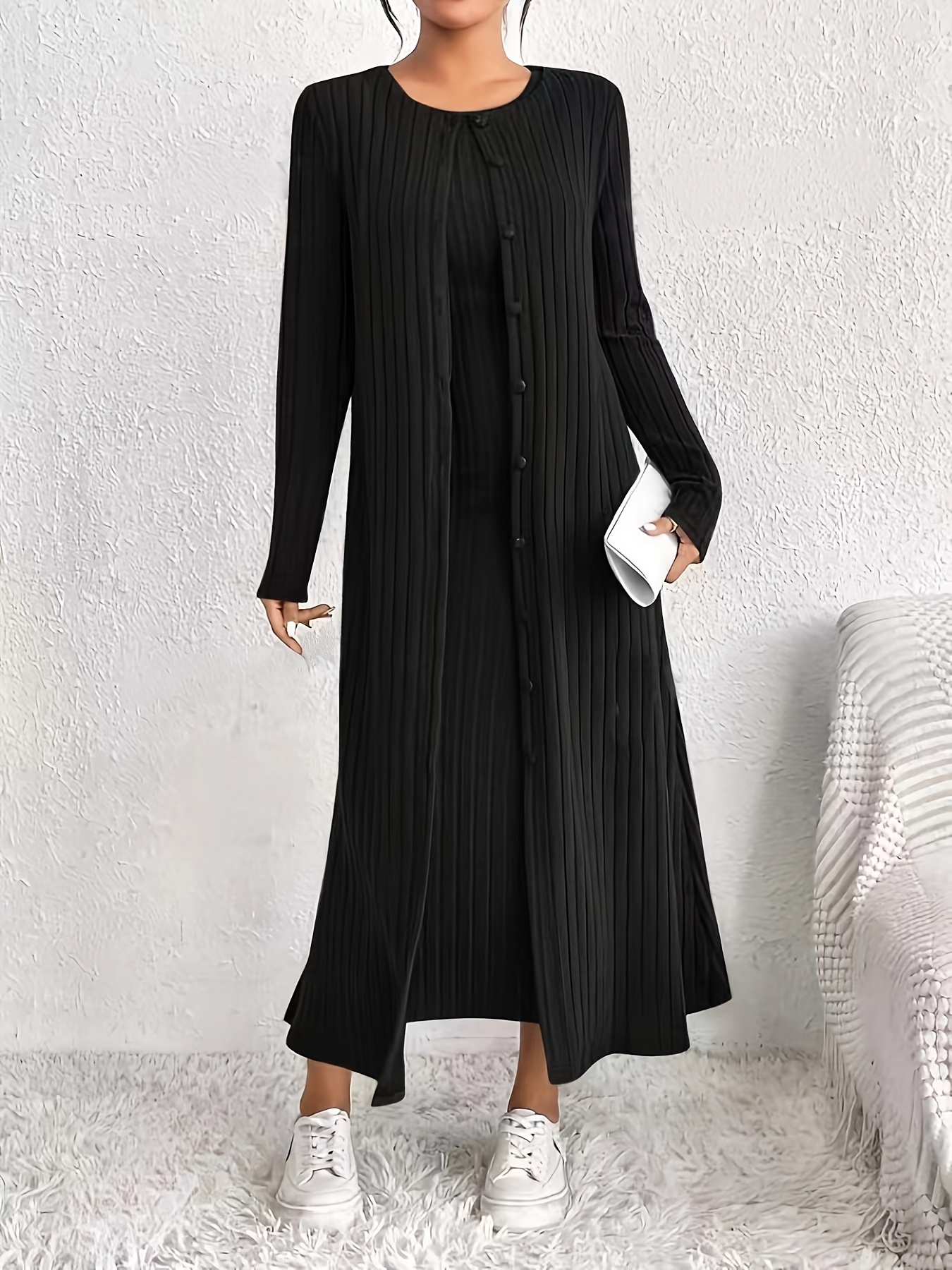 elegantes Kleiderset, Jacke mit langen Ärmeln und rundem Ausschnitt, schlankes Tankkleid für Frühling und Herbst, Damenbekleidung 3