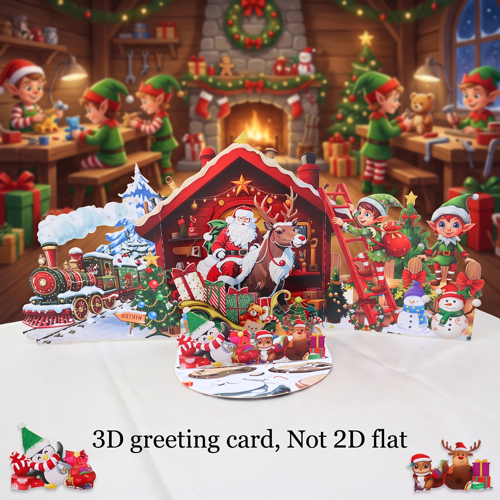 TEMU 3d Workshop Christmas Train Town Pop-up Greeting Card With Envelope, Featuring Santa Claus, Reindeer, , Vintage Steam Train, Snowman, Penguin,