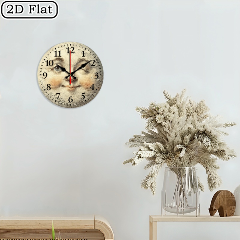 TEMU Face Wall Clock - Silent Non-ticking Round Wooden Hanging Clock With Moon Phase & Retro Face, Large For Bedroom,, Room, Office, Kitchen Decor -