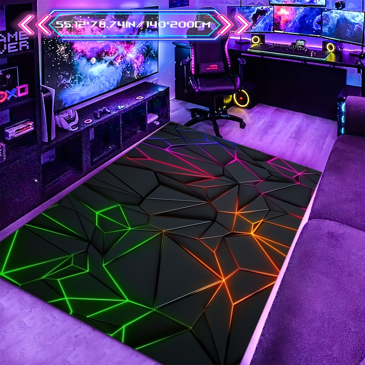 TEMU Modern Tech Neon Light Geometric Luxury Pattern | Non-slip, Washable Polyester Rug For Gaming Rooms, Computer Areas, Bars, Living Rooms, , Door