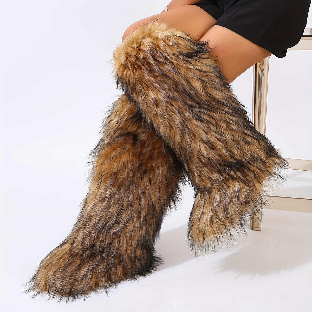 Fuzzy Knee-High Flat Women'S Boots, Women Shoes