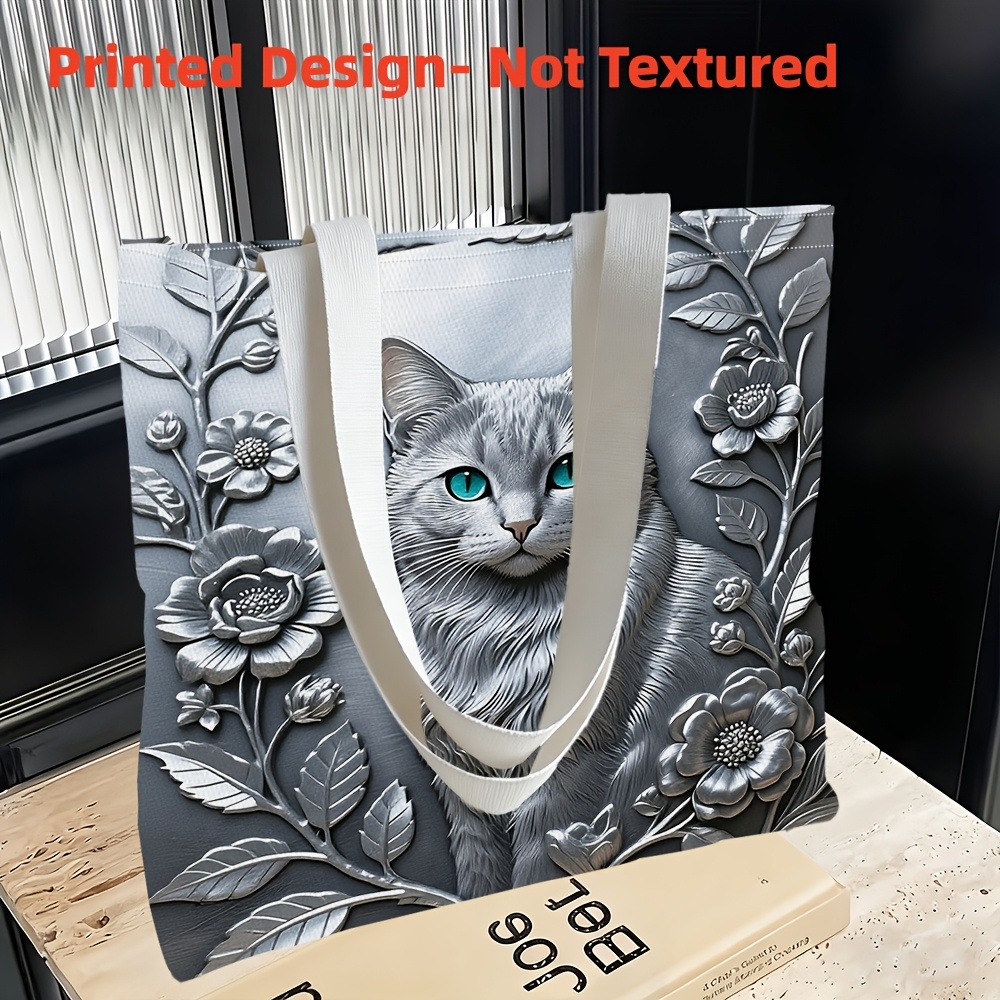 TEMU Motif Imprimé - Non Texturé, 1 pièce, Sac à Bandoulière Unique pour Femme avec un Chat Argenté et un Thème Floral, Multifonctionnel, Sac