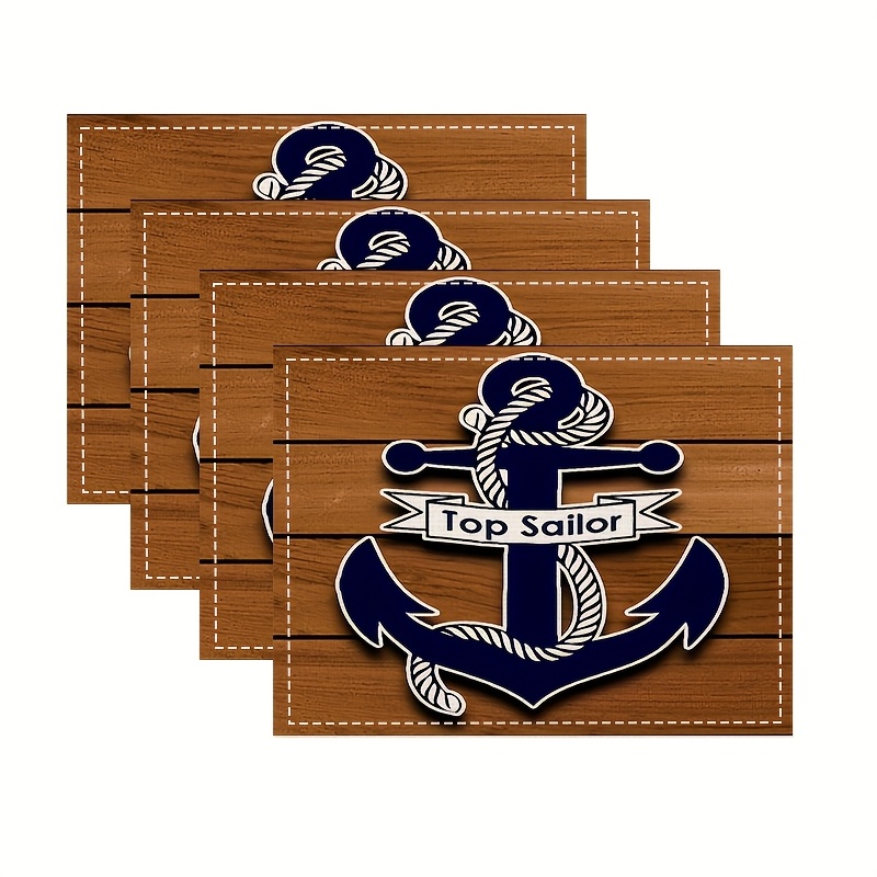 Image of 4pcs, Nautical Theme Placemats With Anchor Pattern And Wood Grain , 12x18 Inch Insulated Table Mats For Home And Holiday Events