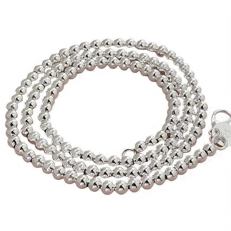 TEMU 925 Silver Plated 4mm Round Bead Necklace, Suitable For Daily Wear And Gift Giving