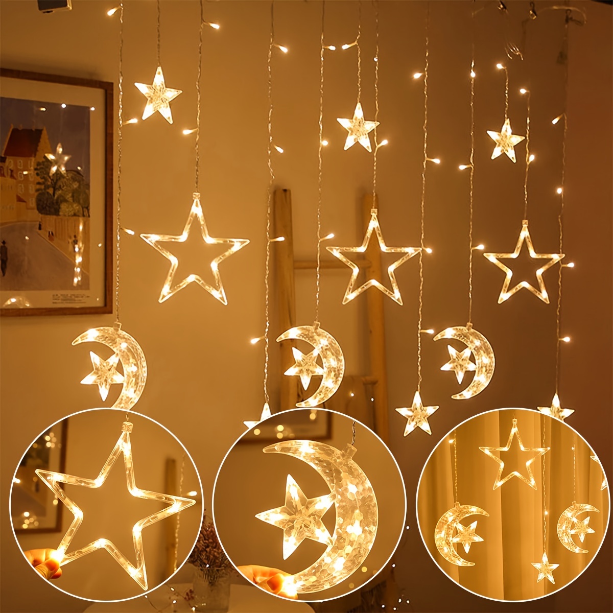 A Warm Light/Colorful Light LED Curtain Light from The And Star Series, Featuring a 3-Meter Adjustable Mode for Ramadan, Eid Celebrations, Weddings, Valentine'S Day Parties, And Home Decoration