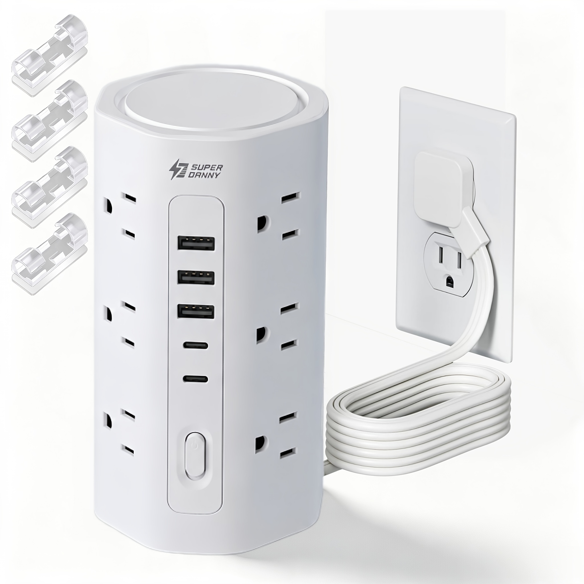 TEMU 17in 1 Protector Power Strip Tower With 5 Usb Ports(2 Usb-c) 12 Outlets, 6/10/15ft Extension Cord, 1800j Protection Desktop Charging Station For