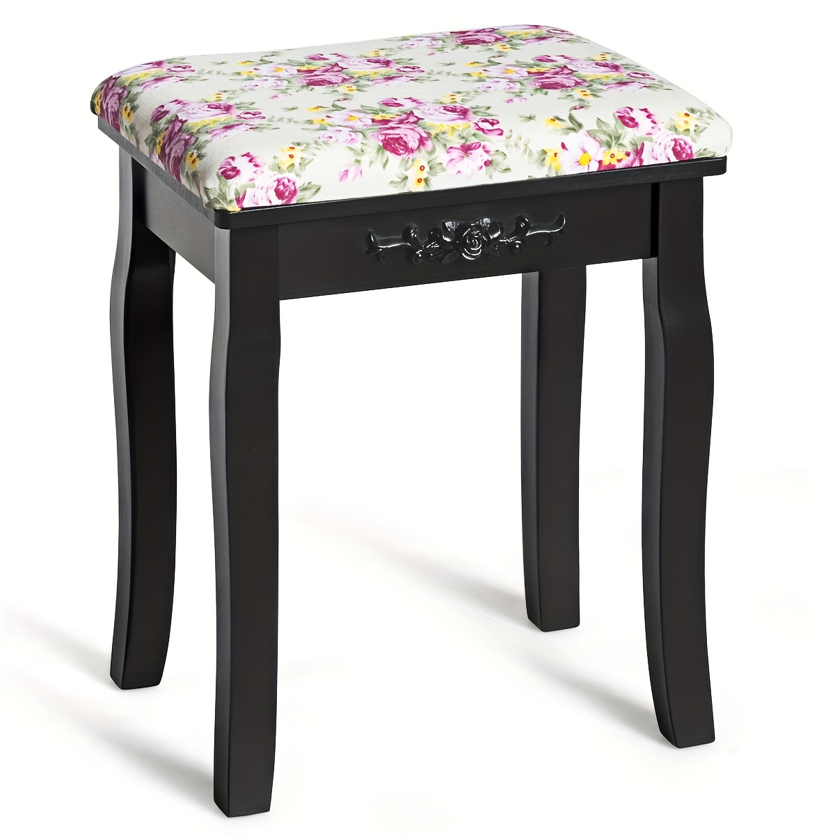 

1pc Vanity Wood Dressing Stool Padded Chair Makeup Piano Seat Rose Cushion Black