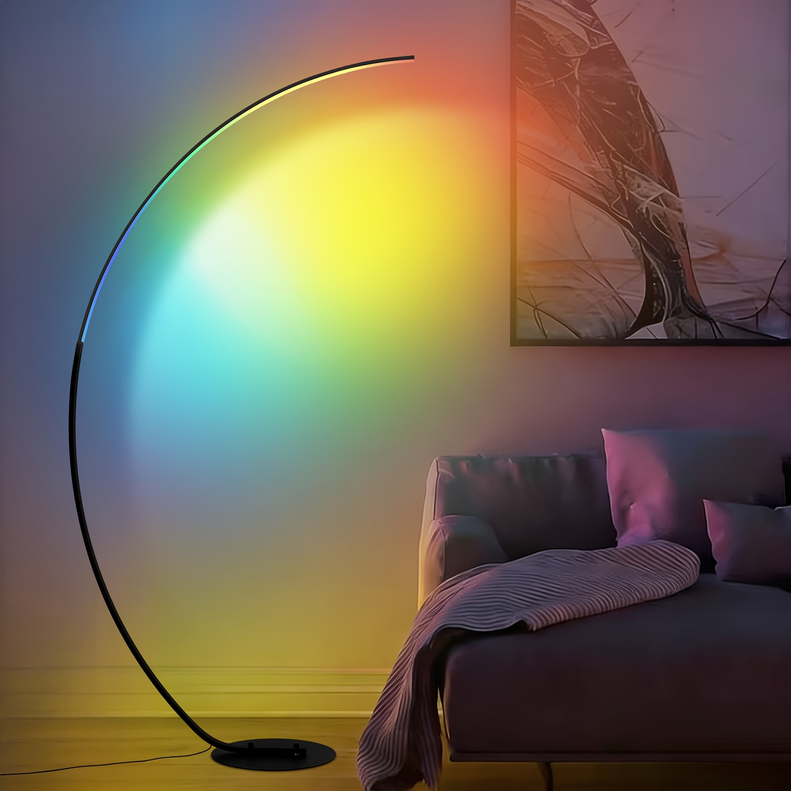 Image of 65" Modern Rgb Arc Floor Lamps For Living Room, Dimmable And Led Corner Floor Lamps, Curved Lamp With Remote Control, Lighting Memory Reading Floor Lamp For Bedroom, Office, Gaming Room