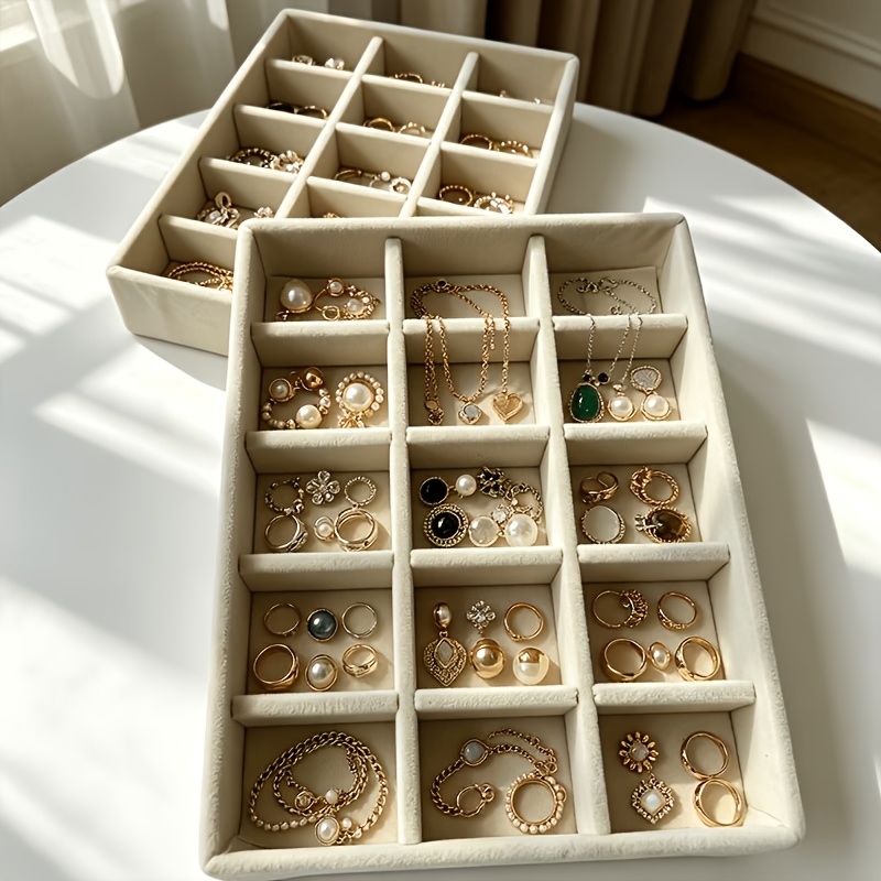 2pcs Beige 15-Compartment Jewelry Box, Gift for Her