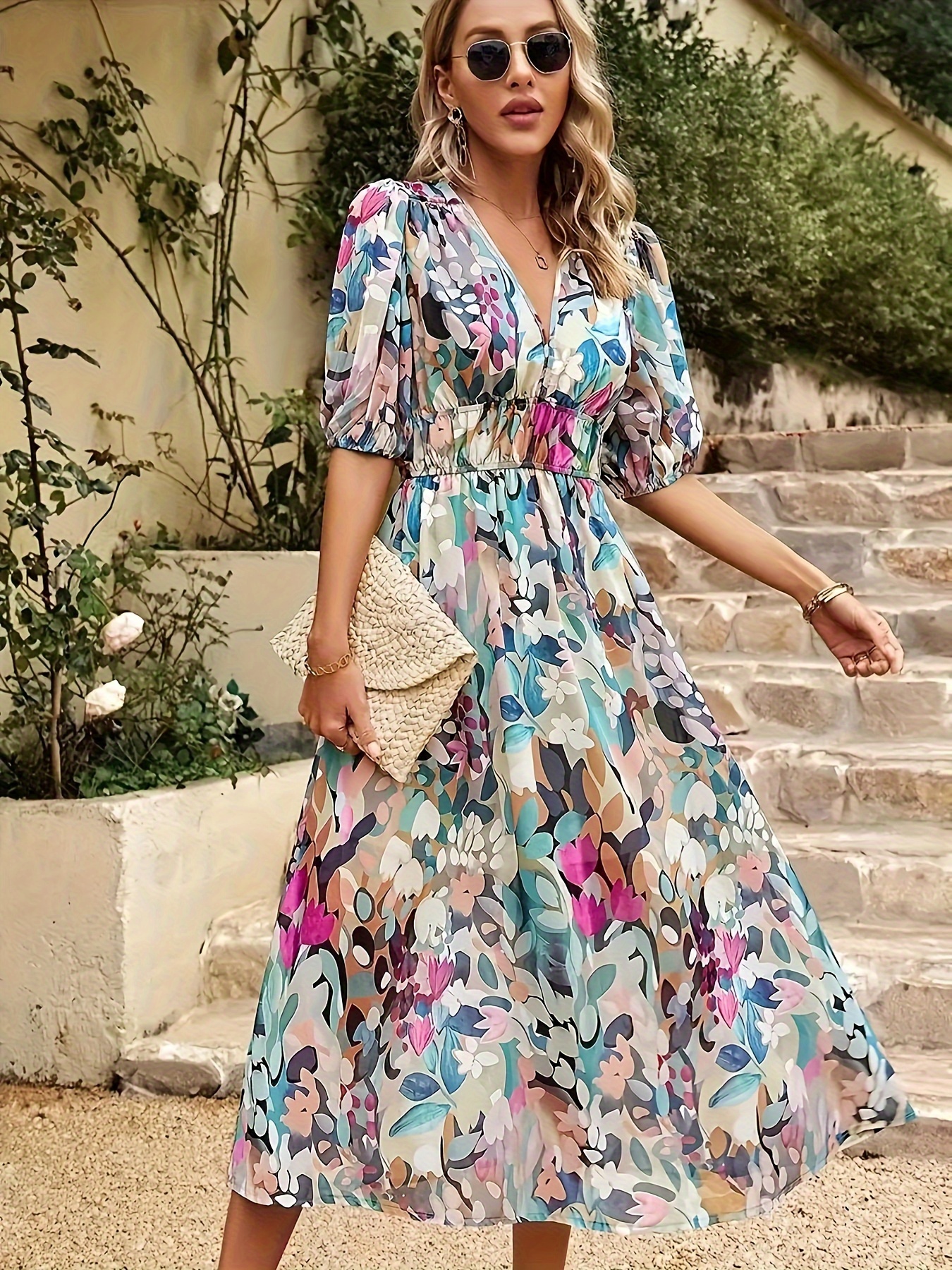 elegante bloemen v-hals jurk voor vrouwen - polyester, machinewasbaar, niet doorschijnend met geometrische patronen, perfect voor alle seizoenen 3