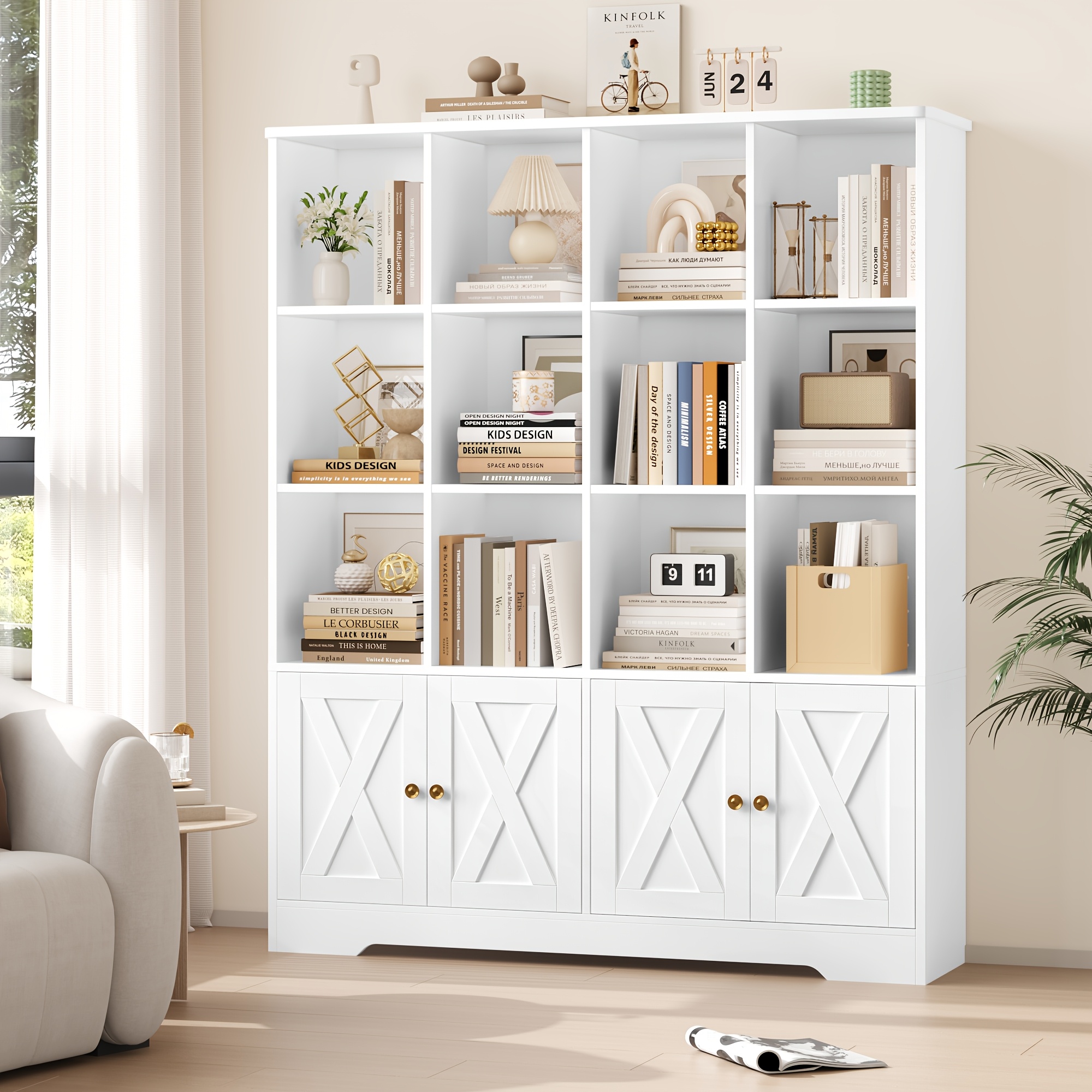 Kealive Modern Bookshelf With Doors - 12-shelf Tall Cabinet Suitable For Living Room, Study, Office, Kitchen, Bookcase With Embedded Shelves, Assembly, Space- Storage Unit, In 2 Packages