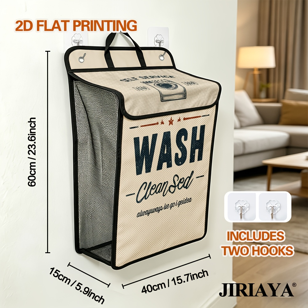 TEMU 2d Flat Printing, 1pc Laundry Sign Patterned Hanging Wall-mounted Laundry Basket, Large Capacity Foldable Dirty Clothes Hamper, Space Storage